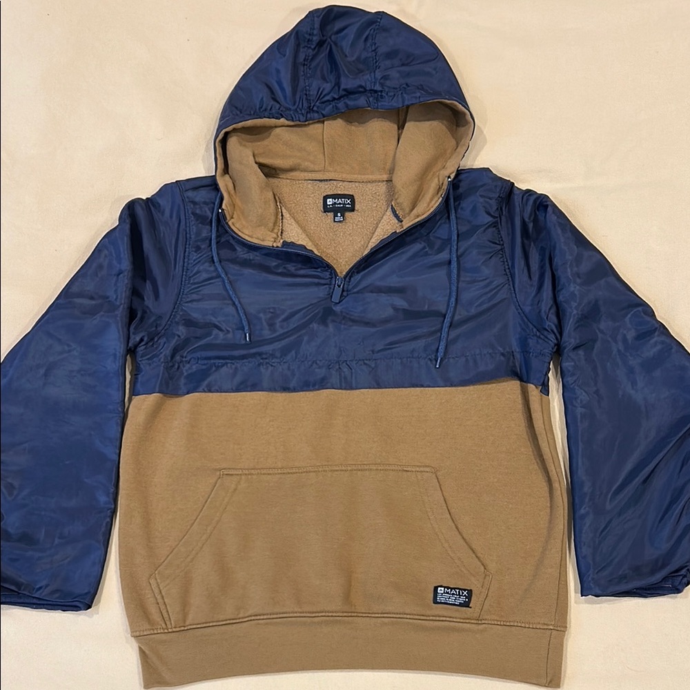 NWOT MATIX Men’s Small Blue and Tan Quarter Zip Fleece lined Hoodie